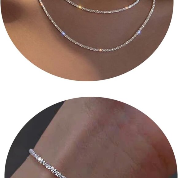 Silver Layered Necklaces and Bracelet Set Dainty Sterling Silver 925 Jewelry - Picture 1 of 7